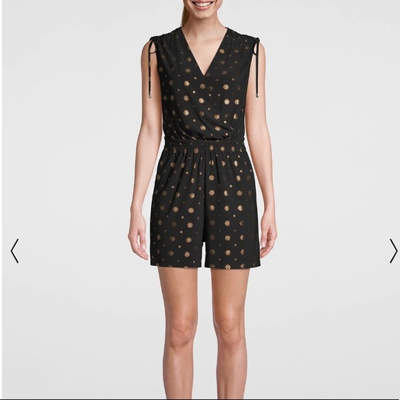White House Black Market Pants - WHBM Romper, Medallion-Print, Ruched sleeves SIZE: M - NWT black/gold